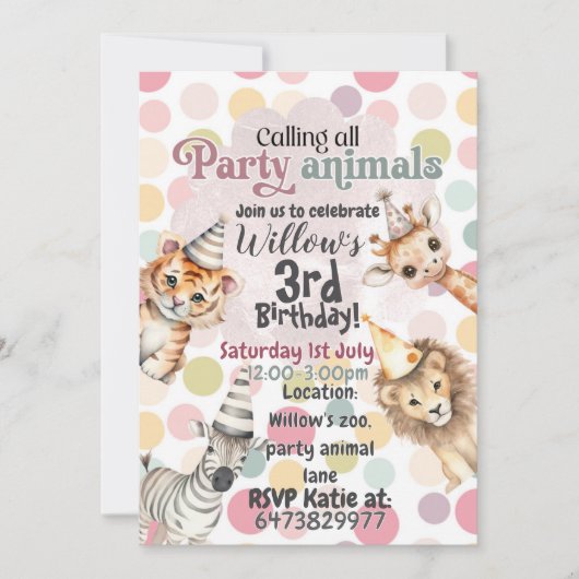 Invitation d'anniversaire pour les animaux de fête (Devant)