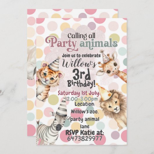 Invitation d'anniversaire pour les animaux de fête (Devant / Derrière)