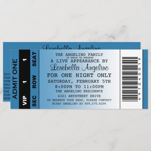 Invitation d'anniversaire pour les billets VIP (Bl (Devant / Derrière)