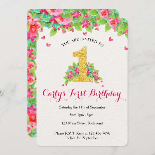 Invitation d'anniversaire pour les filles - Pink & (Devant / Derrière)