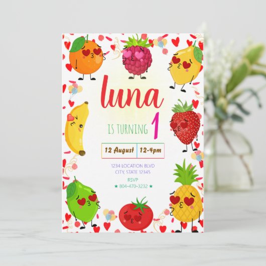 Invitation d'anniversaire pour les fruits de Saint (Debout devant)