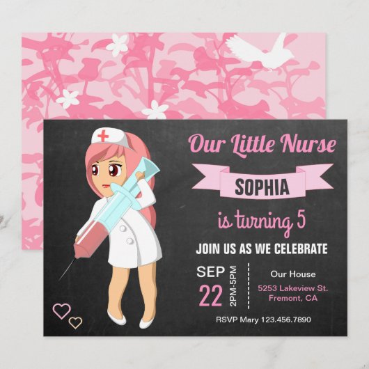 Invitation d'anniversaire pour les petites infirmi (Devant / Derrière)