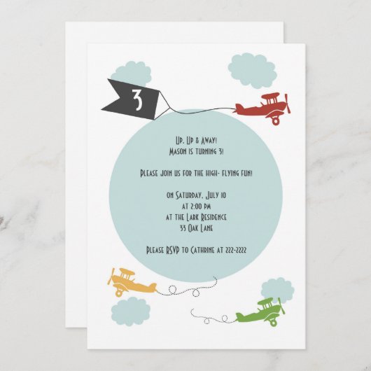 Invitation d'anniversaire pour les petits avions (Devant / Derrière)