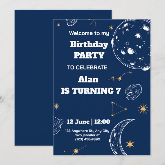 Invitation d'anniversaire pour l'espace extra-atmo (Devant / Derrière)