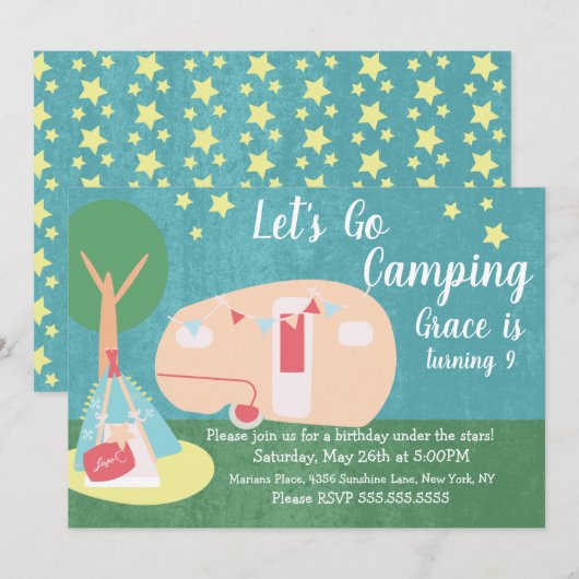 Invitation d'anniversaire pour soirée camping rétr (Devant / Derrière)