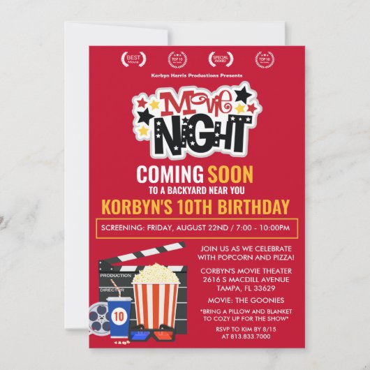 Invitation d'anniversaire pour soirée cinéma pour (Devant)