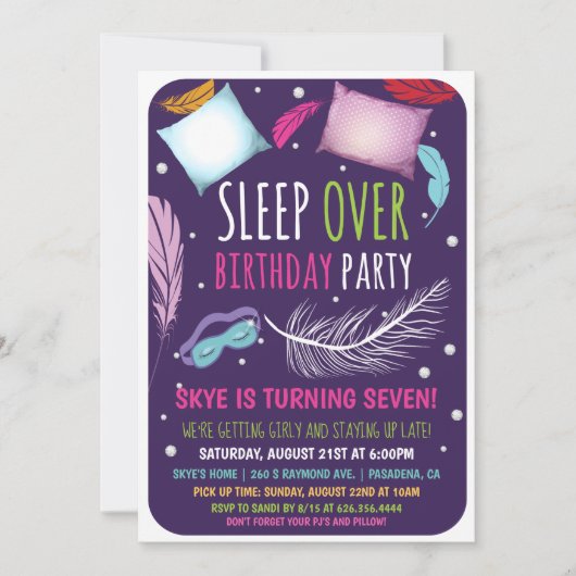 Invitation d'anniversaire pour soirée pyjama (Devant)
