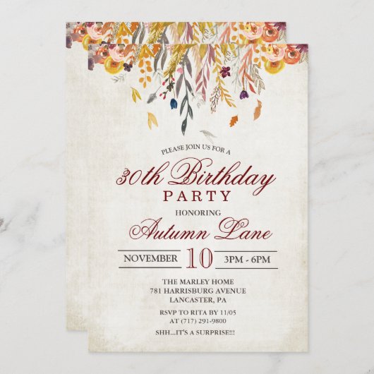 Invitation d'anniversaire pour tout âge - Feuilles (Devant / Derrière)