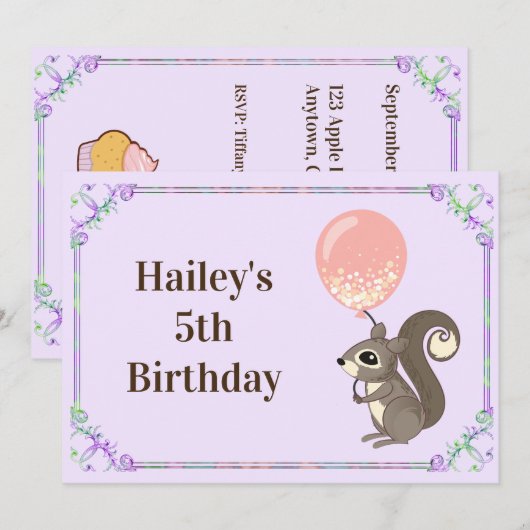 Invitation d'anniversaire pour un adorable écureui (Devant / Derrière)