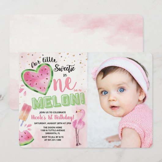 Invitation d'anniversaire pour un an de pastèque O (Devant / Derrière)