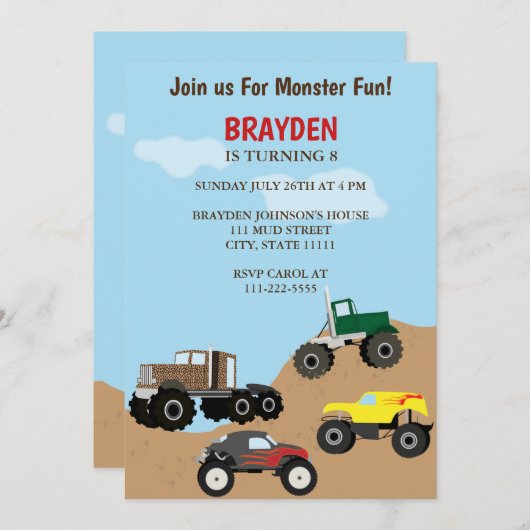 Invitation d'anniversaire pour un camion-monstre p (Devant / Derrière)