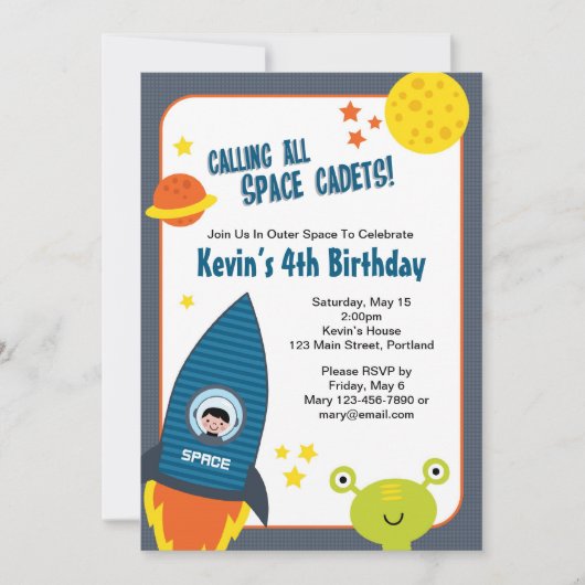 Invitation d'anniversaire pour un garçon spatial (Devant)