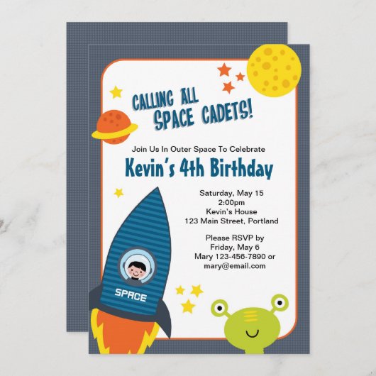 Invitation d'anniversaire pour un garçon spatial (Devant / Derrière)