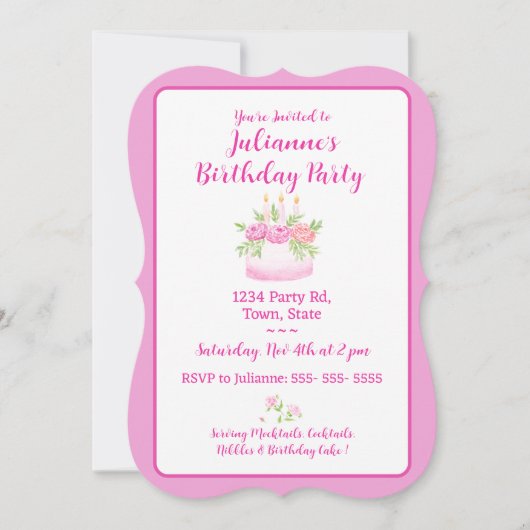Invitation d'anniversaire pour un gâteau rose joli (Devant)