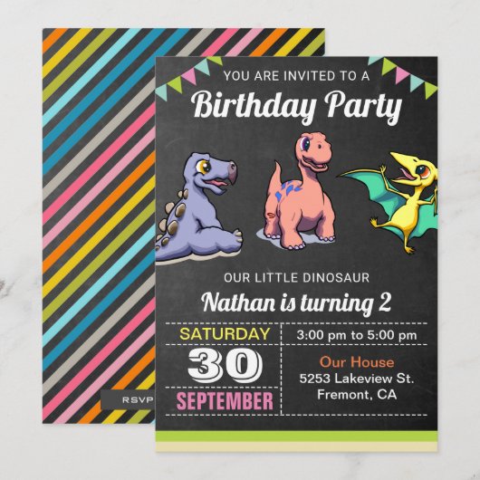 Invitation d'anniversaire pour un joli petit dinos (Devant / Derrière)