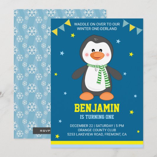 Invitation d'anniversaire pour un joli petit pingo (Devant / Derrière)