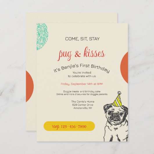 Invitation d'anniversaire pour un Pug (Devant / Derrière)