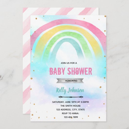 Invitation d'anniversaire pour une douche arc-en-c (Devant / Derrière)