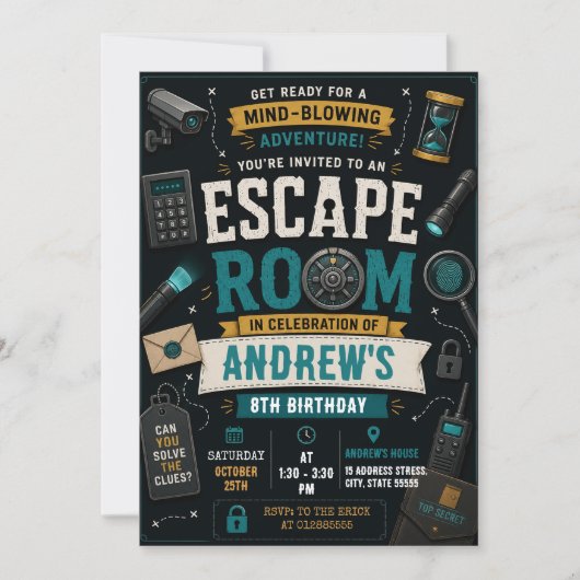 Invitation d'anniversaire pour une Escape Room mys (Devant)