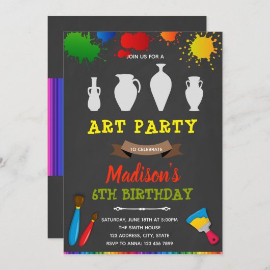 Invitation d'anniversaire pour une fête d'art de p (Devant / Derrière)