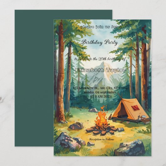 Invitation d'anniversaire pour une fête de camping (Devant / Derrière)