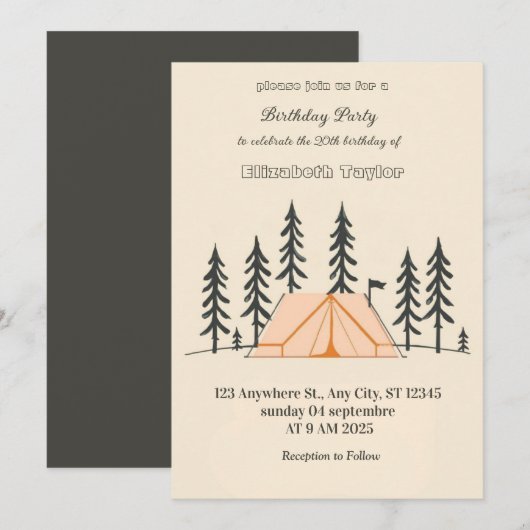 Invitation d'anniversaire pour une fête de camping (Devant / Derrière)