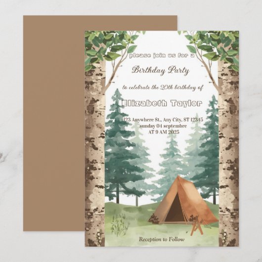 Invitation d'anniversaire pour une fête de camping (Devant / Derrière)