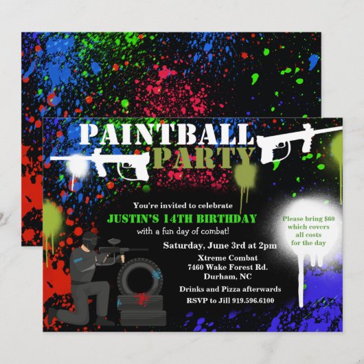 Invitation d'anniversaire pour une fête de paintba (Devant / Derrière)