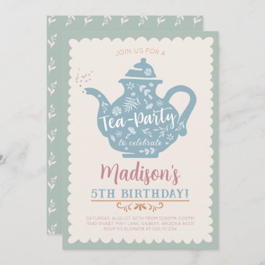 Invitation d'anniversaire pour une fête du thé (Devant / Derrière)