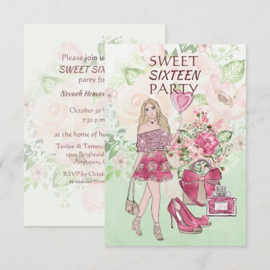 Invitation d'anniversaire pour une fille de seize (Devant / Derrière)