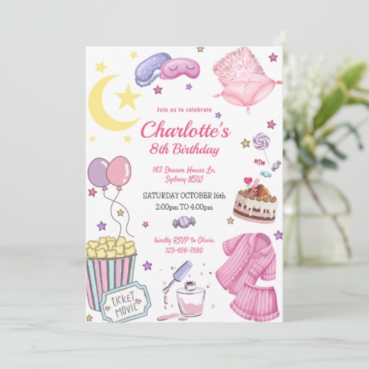 Invitation d'anniversaire pour une soirée pyjama (Debout devant)