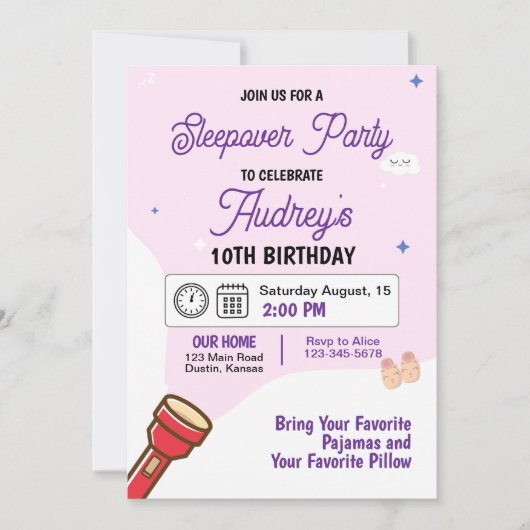 Invitation d'anniversaire pour une soirée pyjama (Devant)