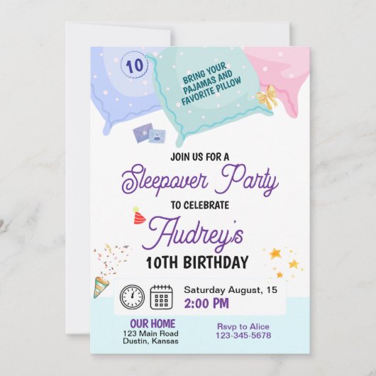 Invitation d'anniversaire pour une soirée pyjama (Devant)