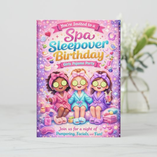 Invitation d'anniversaire pour une soirée pyjama a (Debout devant)