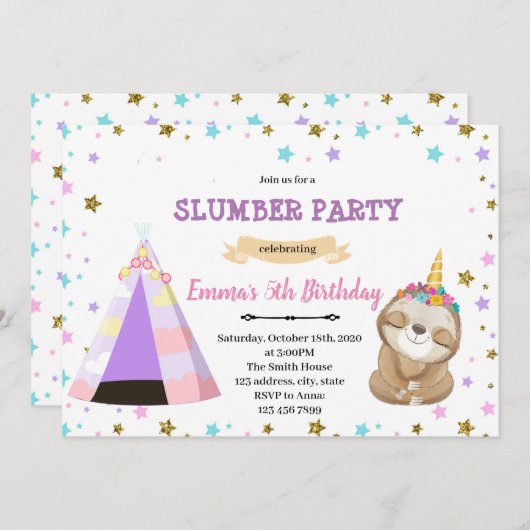 Invitation d'anniversaire pour une soirée pyjama S (Devant / Derrière)