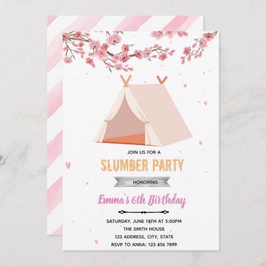 Invitation d'anniversaire pour une soirée pyjama s (Devant / Derrière)