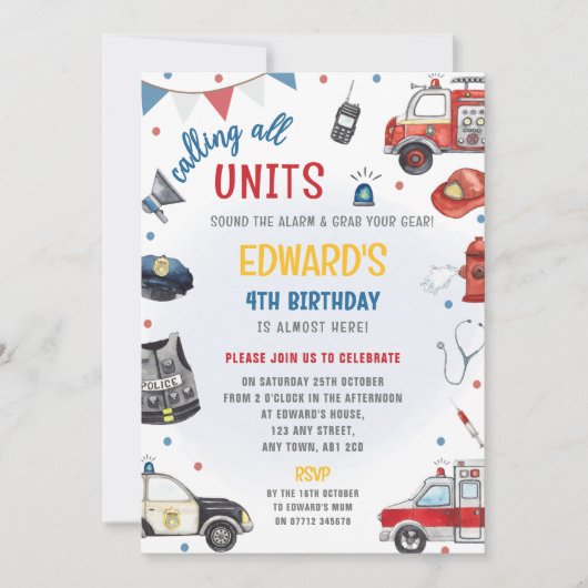 Invitation d'anniversaire pour véhicules d'urgence (Devant)
