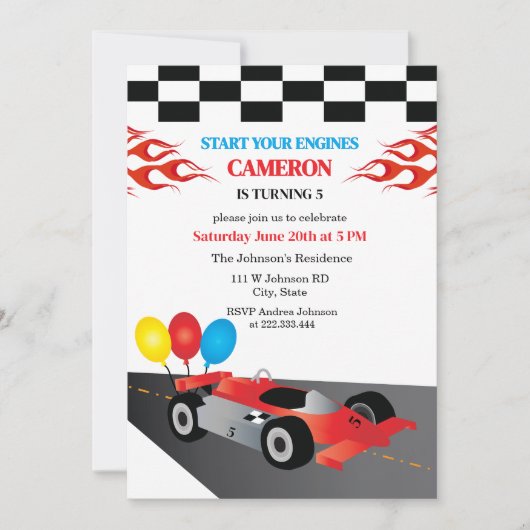  Invitation d'anniversaire pour voiture de course  (Devant)