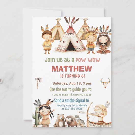 Invitation d'anniversaire Pow Wow pour Amérindiens (Devant)