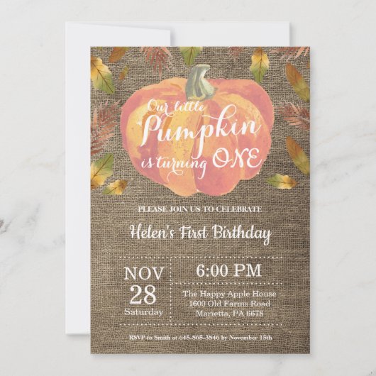 Invitation d'anniversaire premier de citrouille or (Devant)