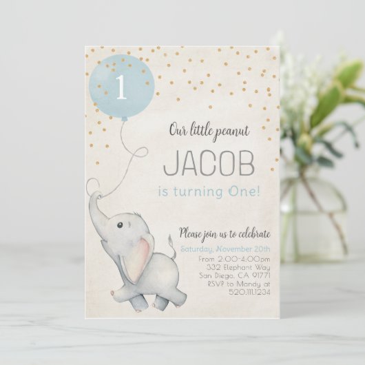 Invitation d'anniversaire premier pour bébé élépha (Debout devant)