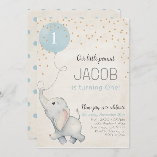 Invitation d'anniversaire premier pour bébé élépha (Devant / Derrière)