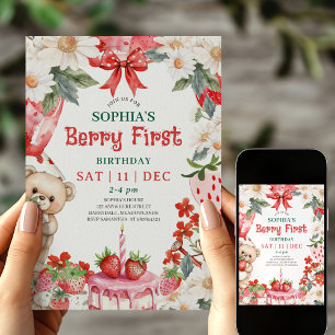 Invitation d'anniversaire première vintage fraise 