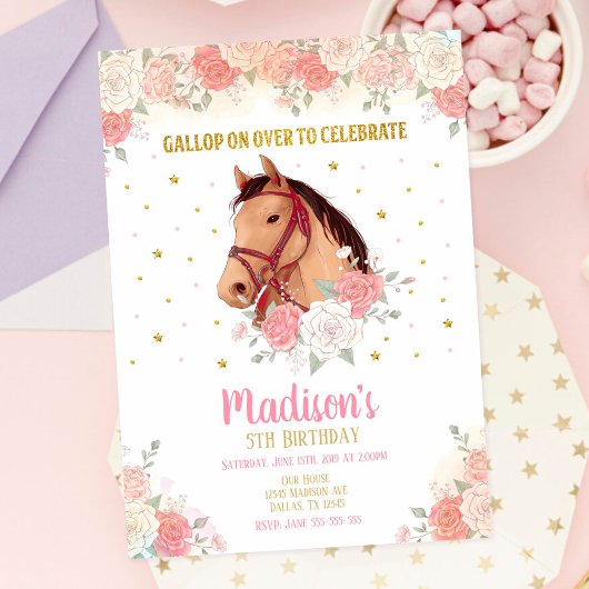 Invitation d'anniversaire Pretty Horse et Fleurs