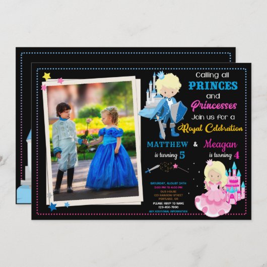 Invitation d'anniversaire Prince et Princesse avec (Devant / Derrière)