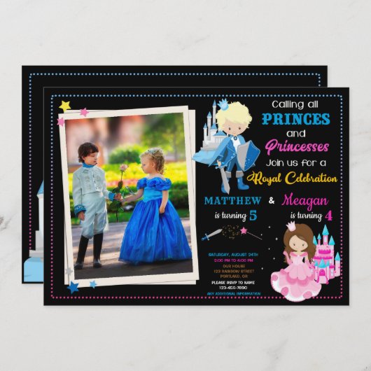 Invitation d'anniversaire Prince et Princesse avec (Devant / Derrière)