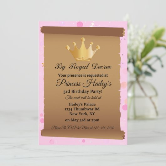 Invitation d'anniversaire princesse Crown Pink (Debout devant)
