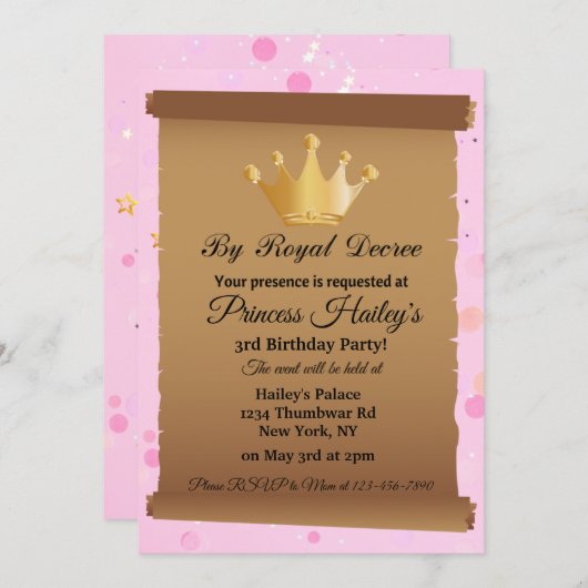 Invitation d'anniversaire princesse Crown Pink (Devant / Derrière)
