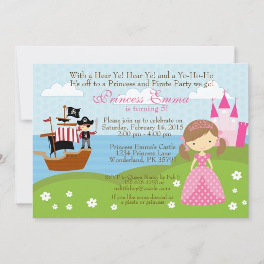 Invitation d'anniversaire Princesse et Pirate (Devant)