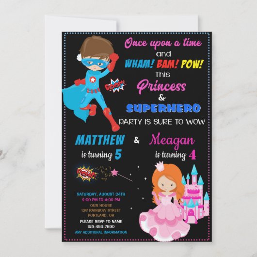 Invitation d'anniversaire Princesse et Superhéros  (Devant)